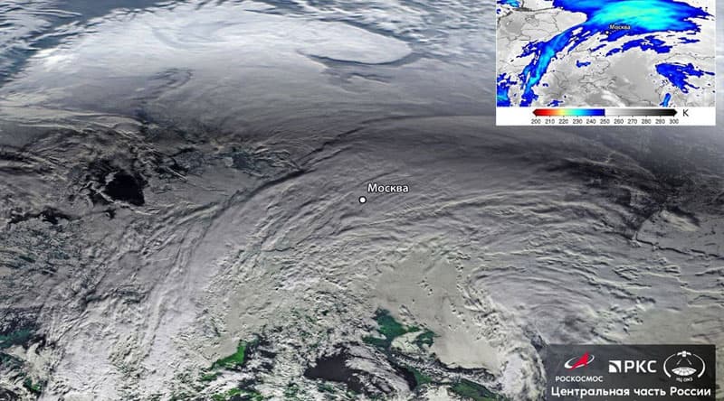 «Роскосмос» показал циклон, который принесет в Москву сильные снегопады